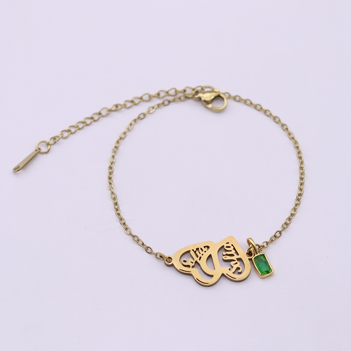 Custom Name Heart Bracelet with Green, Adjustable Stainless Steel Chain